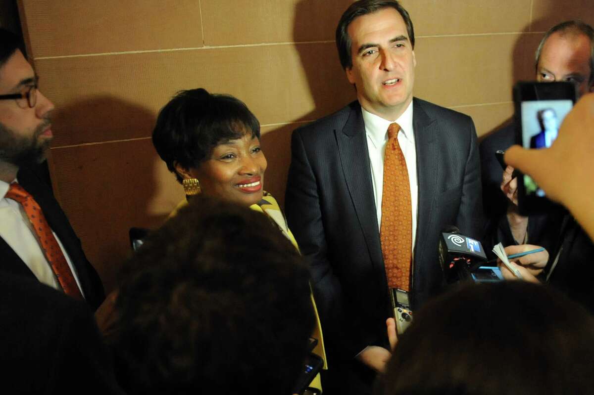 Sen. Michael Gianaris, center, and Sen. Andrea Stewart-Cousins, to his left, talk with the media following the the mass exit of Senate Democrats during session on Wednesday, May 6, 2015, at the Capitol in Albany, N.Y. (Cindy Schultz / Times Union)