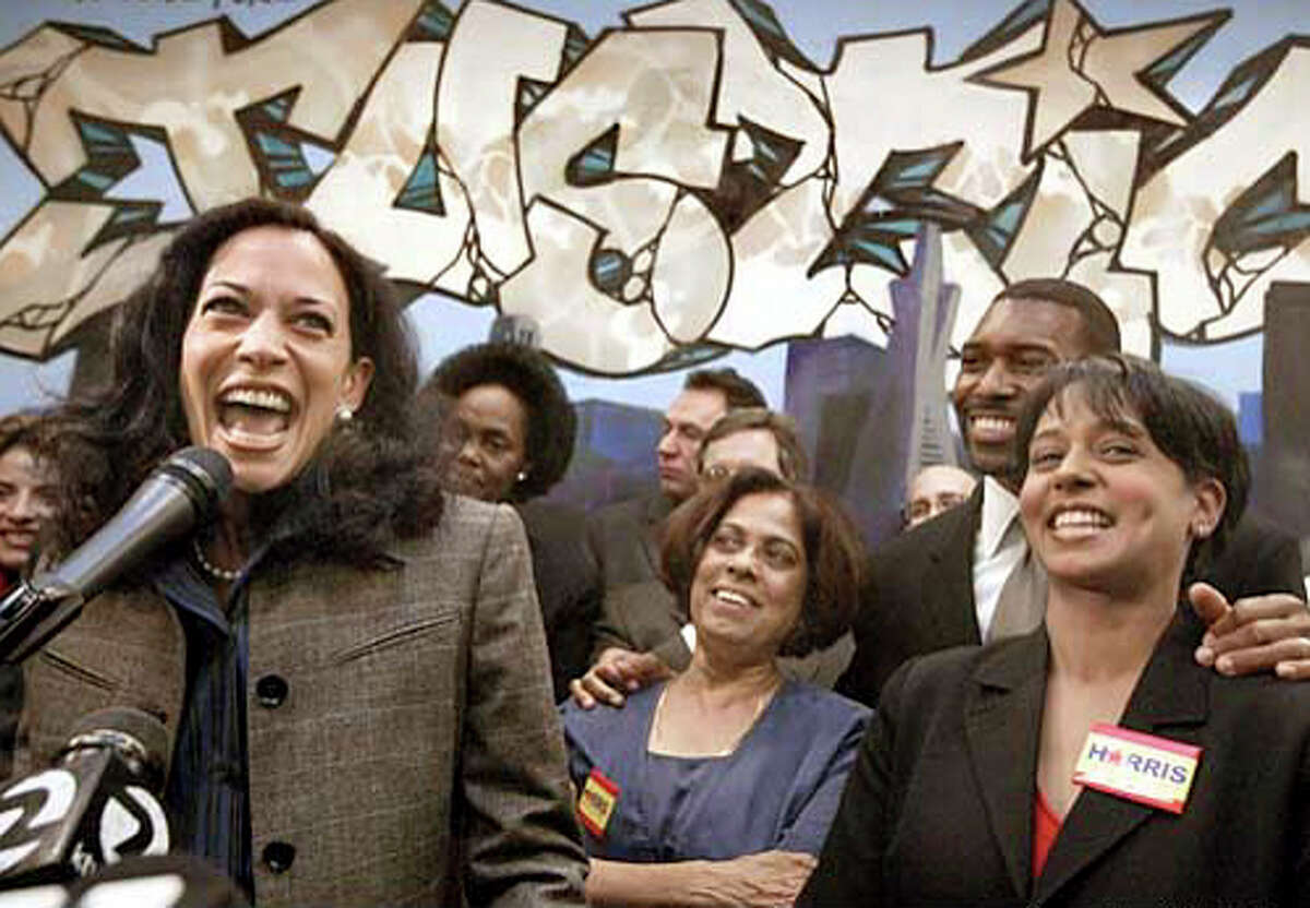 Harris makes history By defeating Terence Hallinan in the 2003 San Francisco district attorney race, Harris became California's first female African-American district attorney and the nation's first Indian-American district attorney. Here she is in this file photo from Dec. 10, 2003, at her campaign headquarters on 3rd Street in SF surrounded by friends and family members (left to right) Bayview/Hunter's Point Supervisor Sophie Maxwell, Harris' mother, Shyamala Harris, brother-in-law Tony West and her sister, Maya Harris.