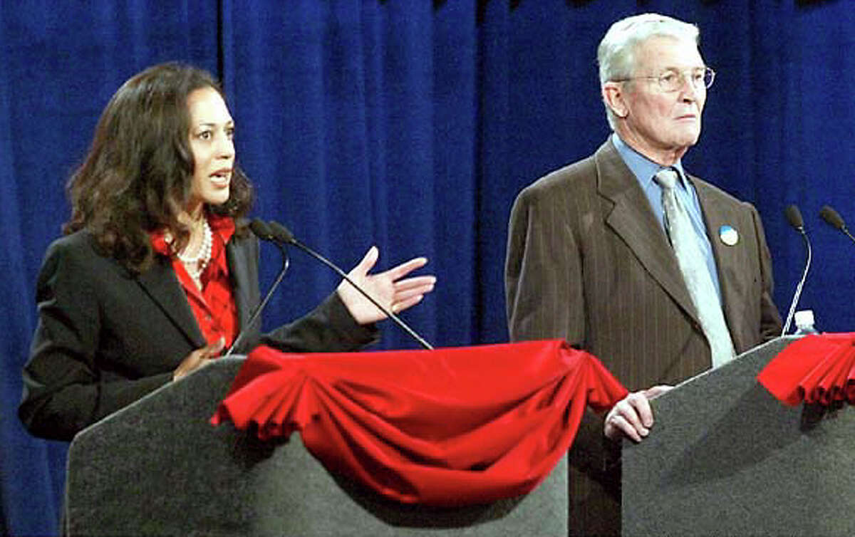 Harris vs. Hallinan Harris' first race for elected office was against Terence Hallinan in 2003, who was a two-time incumbent district attorney for the city and county of San Francisco. In this file photo from Dec. 4, 2003, then-candidates Harris and Hallinan face off in a debate.