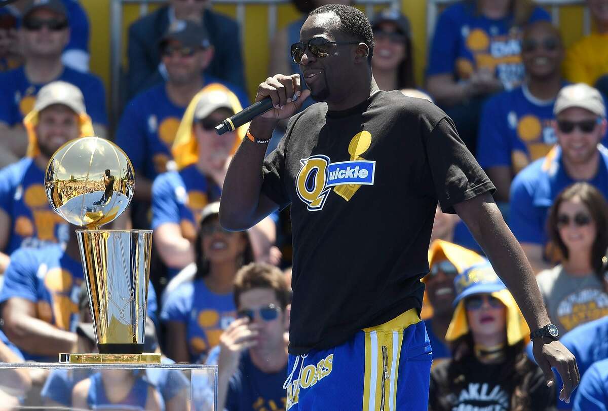 OAKLAND, CA - JUNE 15: Draymond Green #23 of the Golden State Warriors talks to the fans while they celebrate the Warriors 2017 NBA Championship at The Henry J. Kaiser Convention Center during thier Victory Parade and Rally on June 15, 2017 in Oakland, California. (Photo by Thearon W. Henderson/Getty Images)