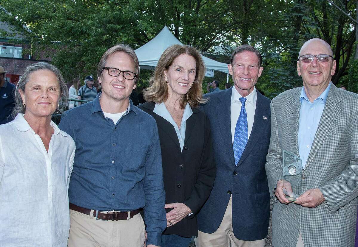 The Aspetuck Land Trust won the 2017 Aquarion Environmental Champion Award in the non-profit organization category. From left: Jacquie Littlejohn of Weston, David Brant of Fairfield, Nancy Moon of Fairfield, U.S. Sen. Richard Blumenthal and Don Hyman of Fairfield.