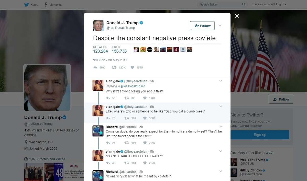 This screen grab shows a tweet from President Donald Trump which has social media trying to find a meaning in the mysterious term “covfefe.” Trump tweeted just after midnight Eastern time on Wednesday, May 31, 2017: “Despite the constant negative press covfefe.” The tweet immediately went viral and became one of the president’s more popular posts before it was taken down after nearly six hours online. Trump poked fun at the typo, tweeting, “Who can figure out the true meaning of "covfefe" ??? Enjoy!” (Twitter via AP)