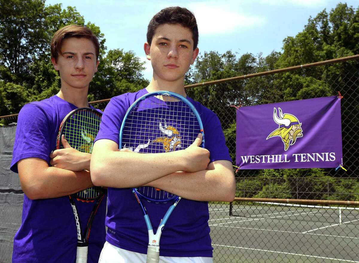 Jordan Soifer and Tyler Pomerance are photograph at Westhill High School in Stamford, Conn., on Tuesday, June 13, 2017. The tennis duo won the CIAC boys double championship last week at Yale and are following in the footsteps of their older brothers, Brandon Pomerance and Daniel Soifer, who were impressive high school players respectfully.