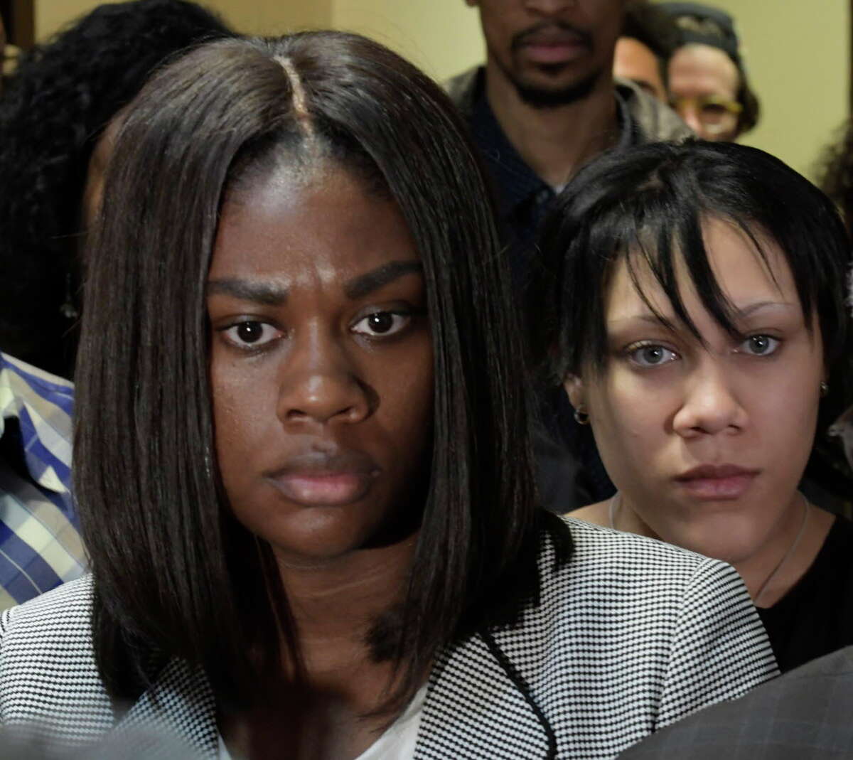 Asha Burwell, left and Ariel Agudio leave the courtroom after their sentencing Friday June 16, 2017 at the Albany County Judicial Center in Albany, N.Y. (Skip Dickstein/Times Union)