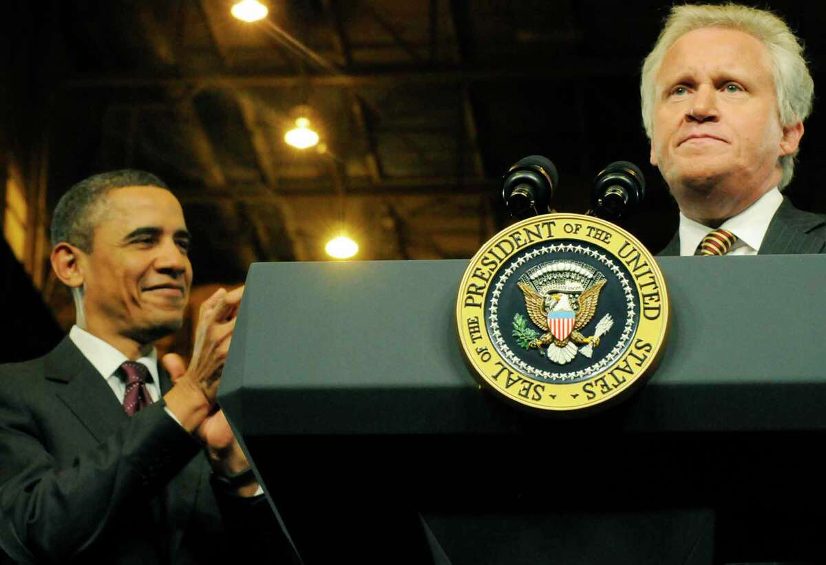 US President Barack Obama is introduced by GE CEO Jeff Immelt before speaking to a crowd gathered at General Electric in Schenectady Jan. 21, 2011. Obama said he wants to open up Chinese markets to U.S. companies to have "two-way trade, not just one-way trade." ( Michael P. Farrell/Times Union )