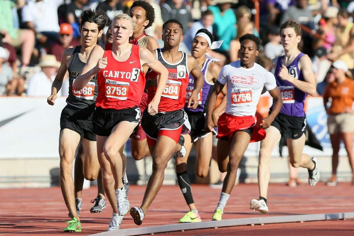 New Braunfels Canyon's Sam Worley (3) leads a pack of runners including Lee's Brandon Falkquay (6) after the first lap of the 6A boys 800 meter run during the UIL state track and field meet at Mike Myers Stadium in Austin on Saturday, May 13, 2017. Worley won the event with a time of 1:48.25.