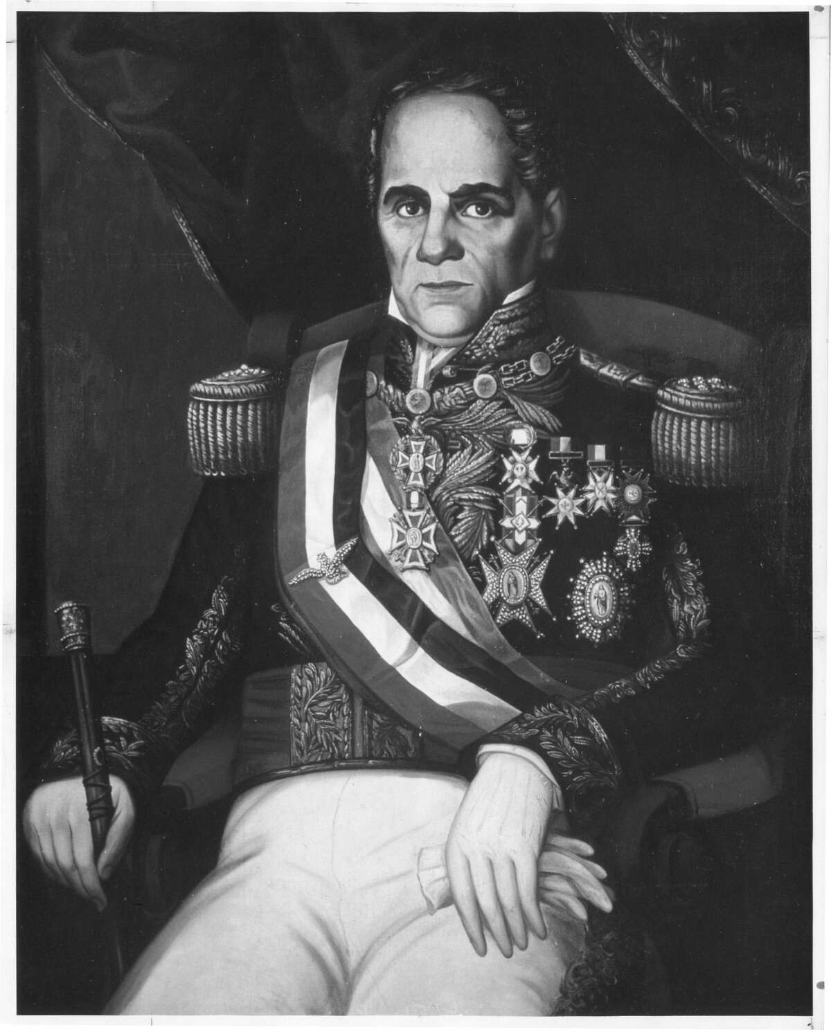 This is a black-and-white photo of a color oil-on-canvas painting of Gen. Antonio López de Santa Anna that is on display at the San Jacinto Museum of History in La Porte. Date is unknown.