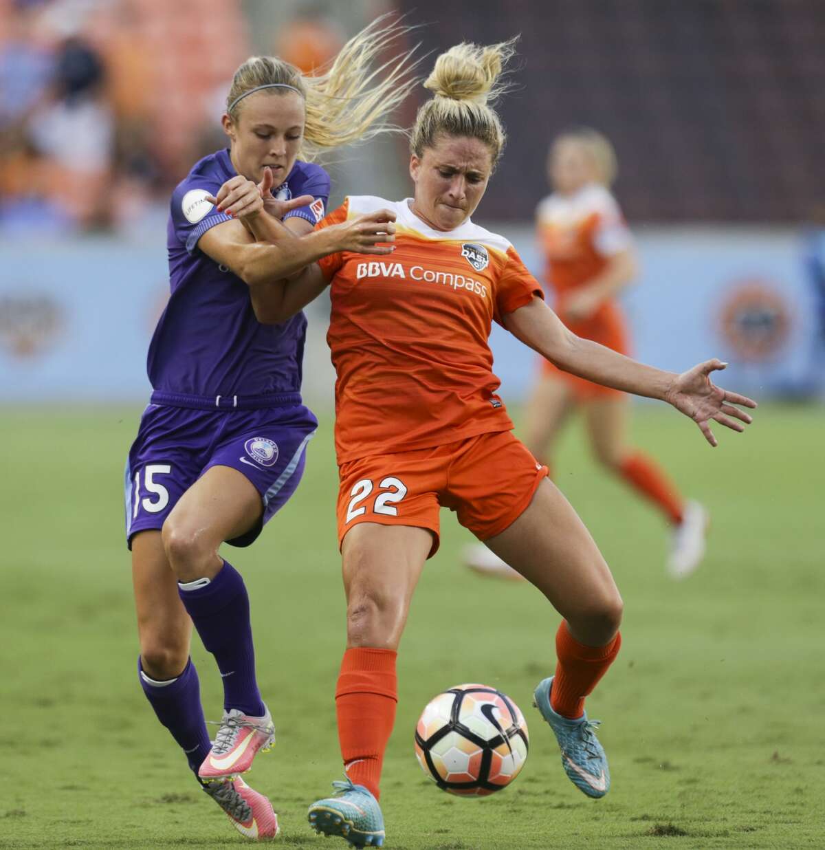 Houston Dash defender Camille Levin (22) defensing Orlando Pride forward Rachel Hill (15) during the first half of the game at BBVA Compass Stadium Saturday, June 17, 2017, in Houston. ( Yi-Chin Lee / Houston Chronicle )