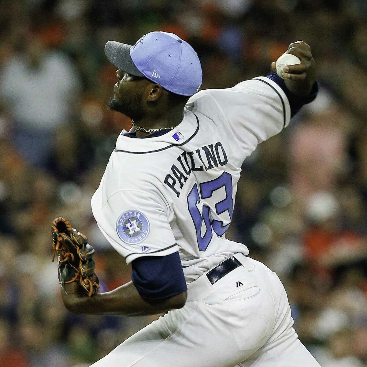 David Paulino pitched six efficient innings for the Astros on Saturday night to earn his first major league victory.
