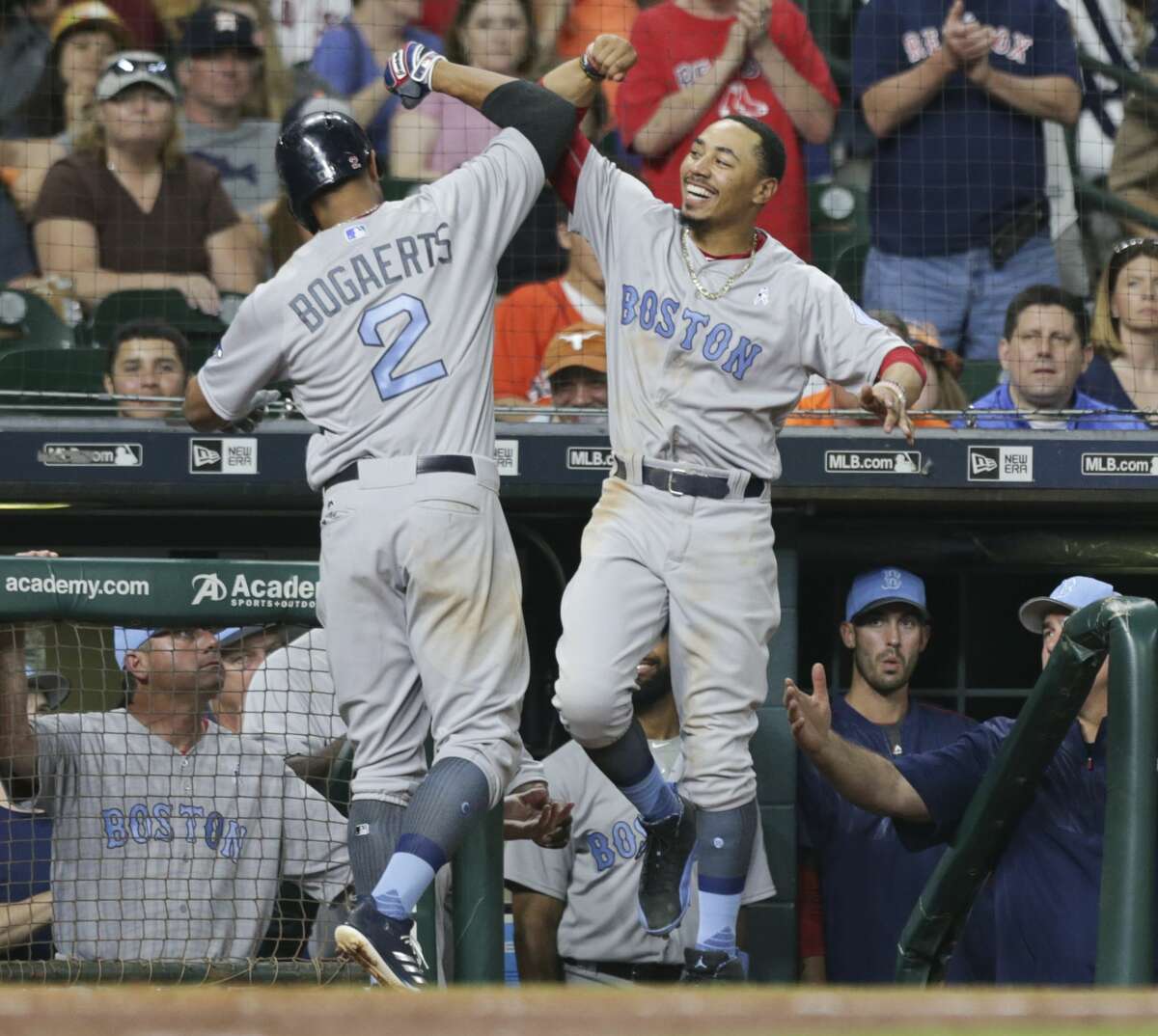 Boston Red Sox shortstop Xander Bogaerts (2) and Mookie Betts (50) celebrate his second home run of the night during the top sixth inning of the game at Minute Maid Park Sunday, June 18, 2017, in Houston. ( Yi-Chin Lee / Houston Chronicle )