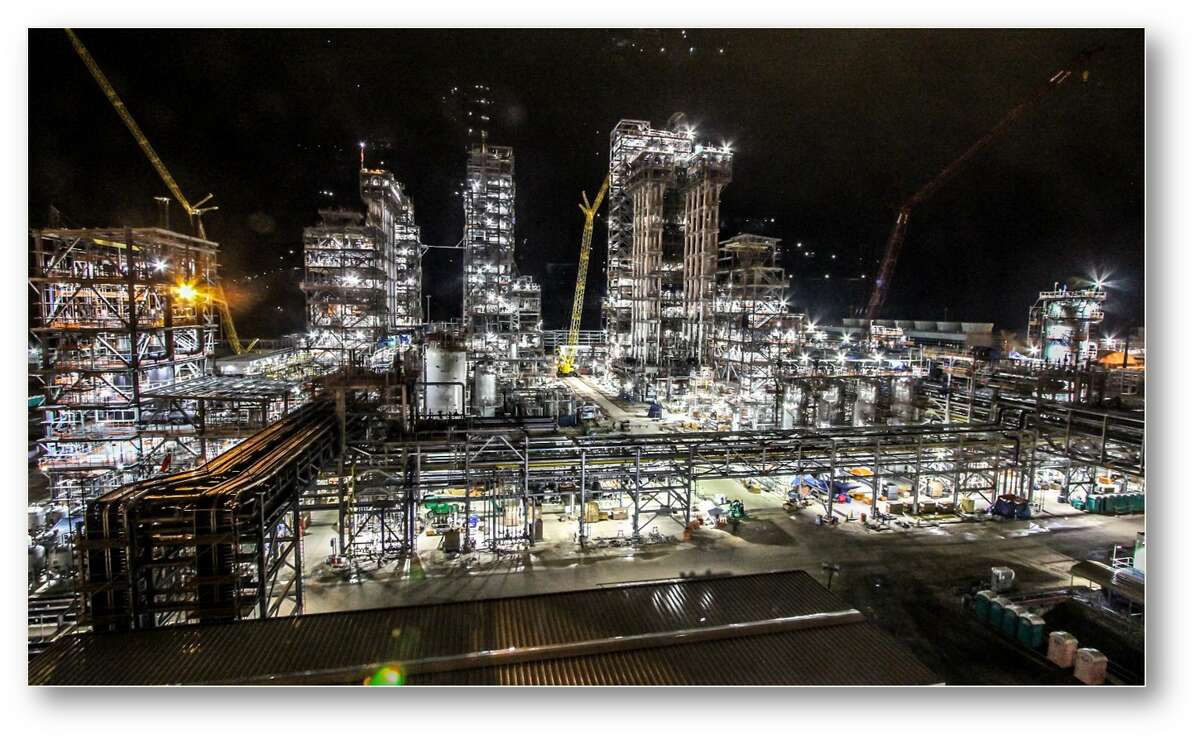 A night photo of construction on Chevron Phillips Chemical's polyethylene plant in Old Ocean in 2017.