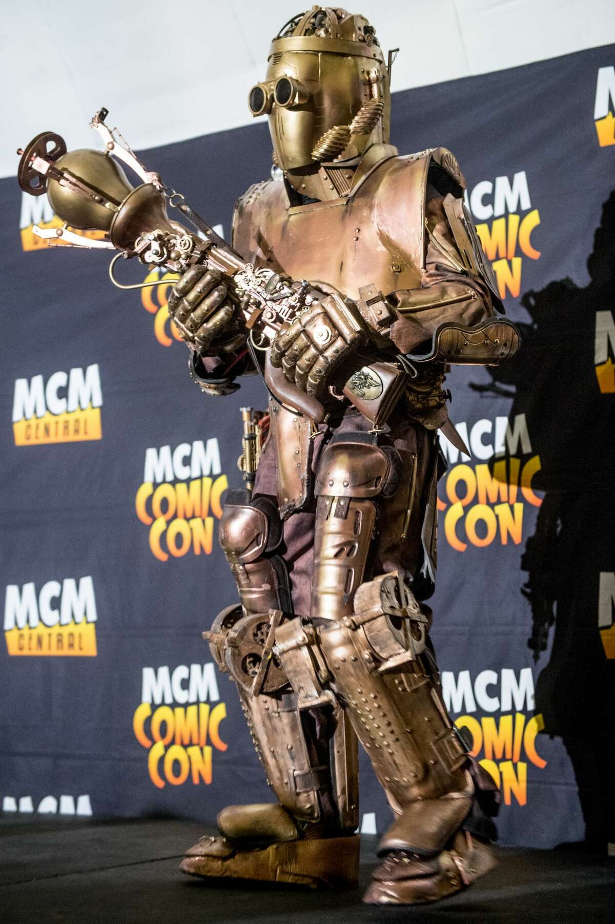 A cosplayer dressed as a Victorian steampunk robot British soldier on day 2 of the November Birmingham MCM Comic Con at the National Exhibition Centre (NEC) in Birmingham, UK on November 20, 2016 in Birmingham, England.