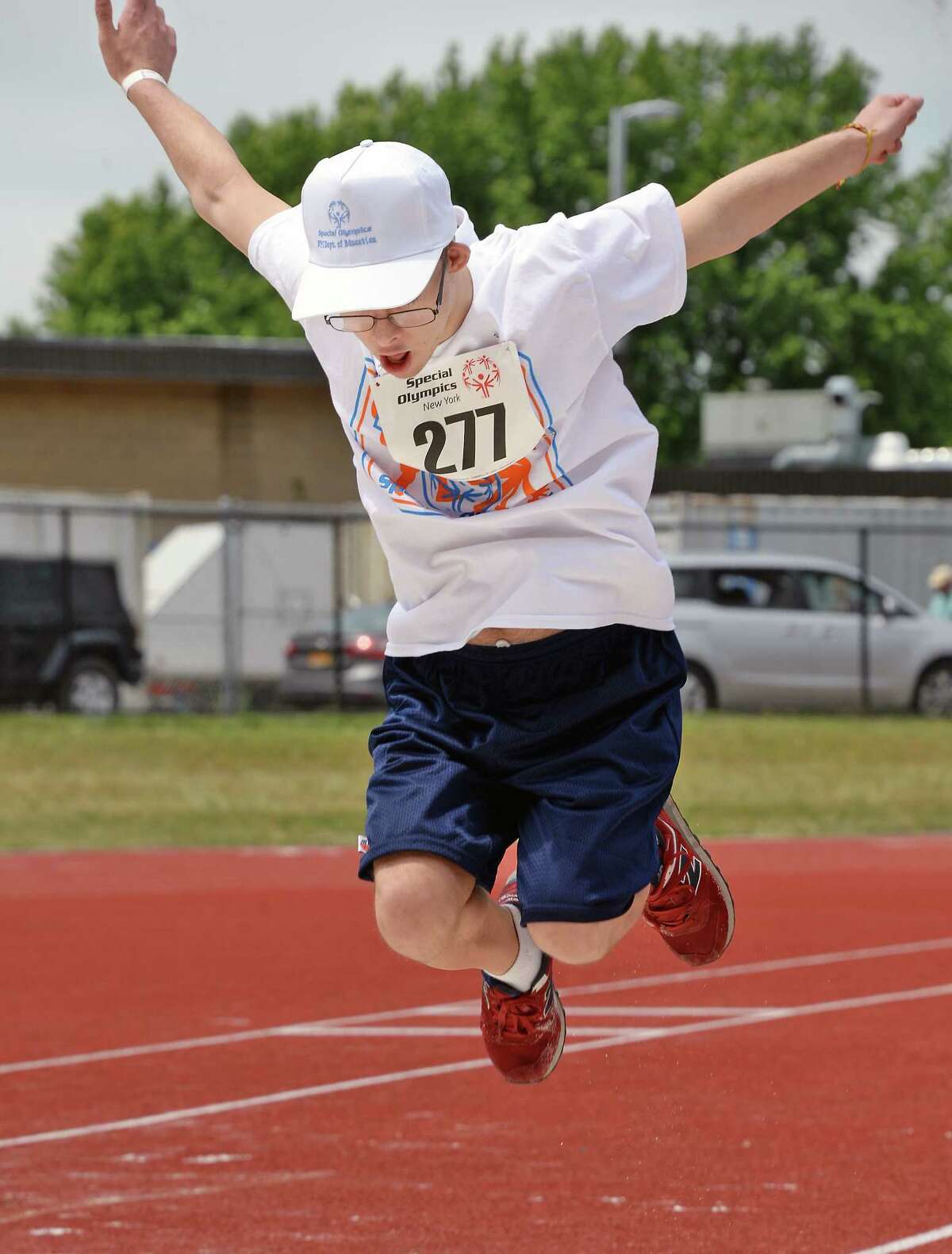 Paul Florian of Manhattan competes in the standing long jump during the Special Olympics New York at Hudson Valley Community College Saturday June 17, 2017 in Troy, NY. (John Carl D'Annibale / Times Union)