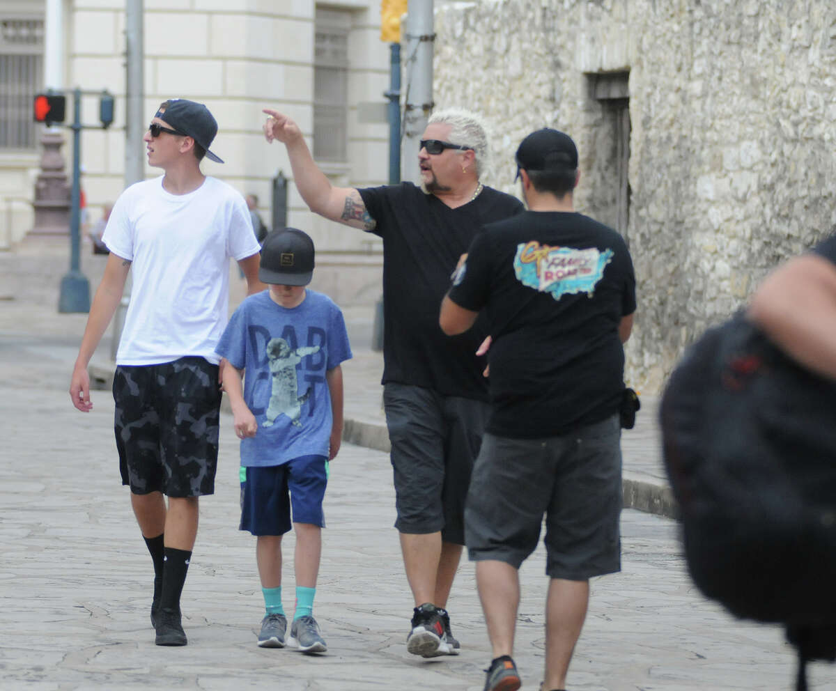 Food Network star Guy Fieri strolled through downtown San Antonio with a film crew Monday afternoon including a stop at the Alamo. Fiery has visited several spots in the Southwest United States in recent weeks and has posted about it on social media using the hashtag #GuysFamilyRoadTrip.