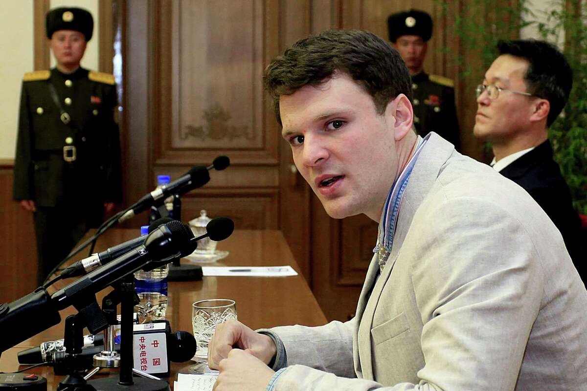 FILE - In this Feb. 29, 2016, file photo, American student Otto Warmbier speaks as he is presented to reporters in Pyongyang, North Korea. More than 15 months after he gave a staged confession in North Korea, he is with his Ohio family again. But whether he is even aware of that is uncertain. (AP Photo/Kim Kwang Hyon, File)