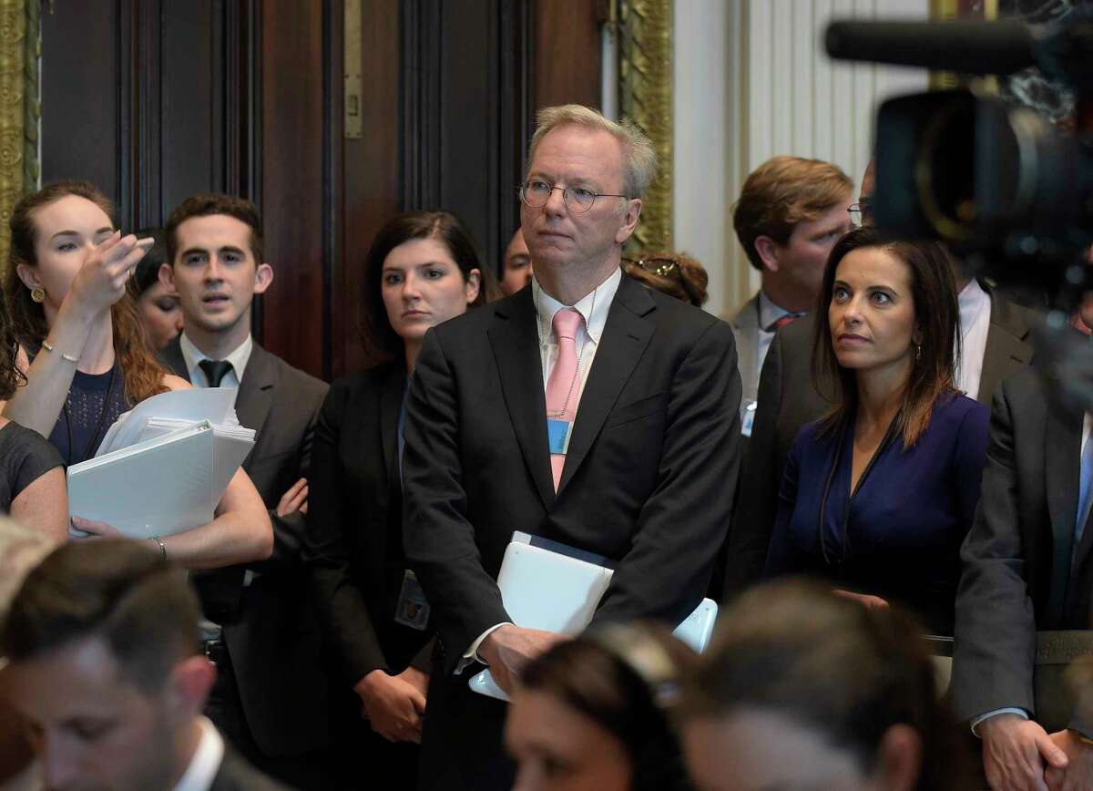 Alphabet Inc Executive Chairman Eric Schmidt, center, listens as White House senior adviser Jared Kushner speaks at the opening session of the White House meeting with technology Chief Executive Officers to mark "technology week," Monday, June 19, 2017, in the Indian Treat Room of the Eisenhower Executive Office Building on the White House complex in Washington. The White House Office of American Innovation is hosting a series of working sessions to generate ideas to transform and modernize Government Services. (AP Photo/Susan Walsh)