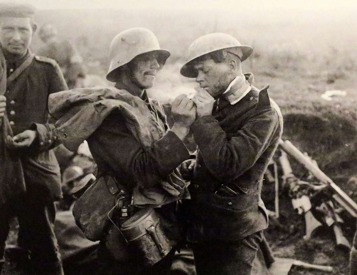 This picture of an unofficial truce between Germans and allied forces in December of 1914 during World War I is at the Institute of Texan Cultures exhibit about World War I.