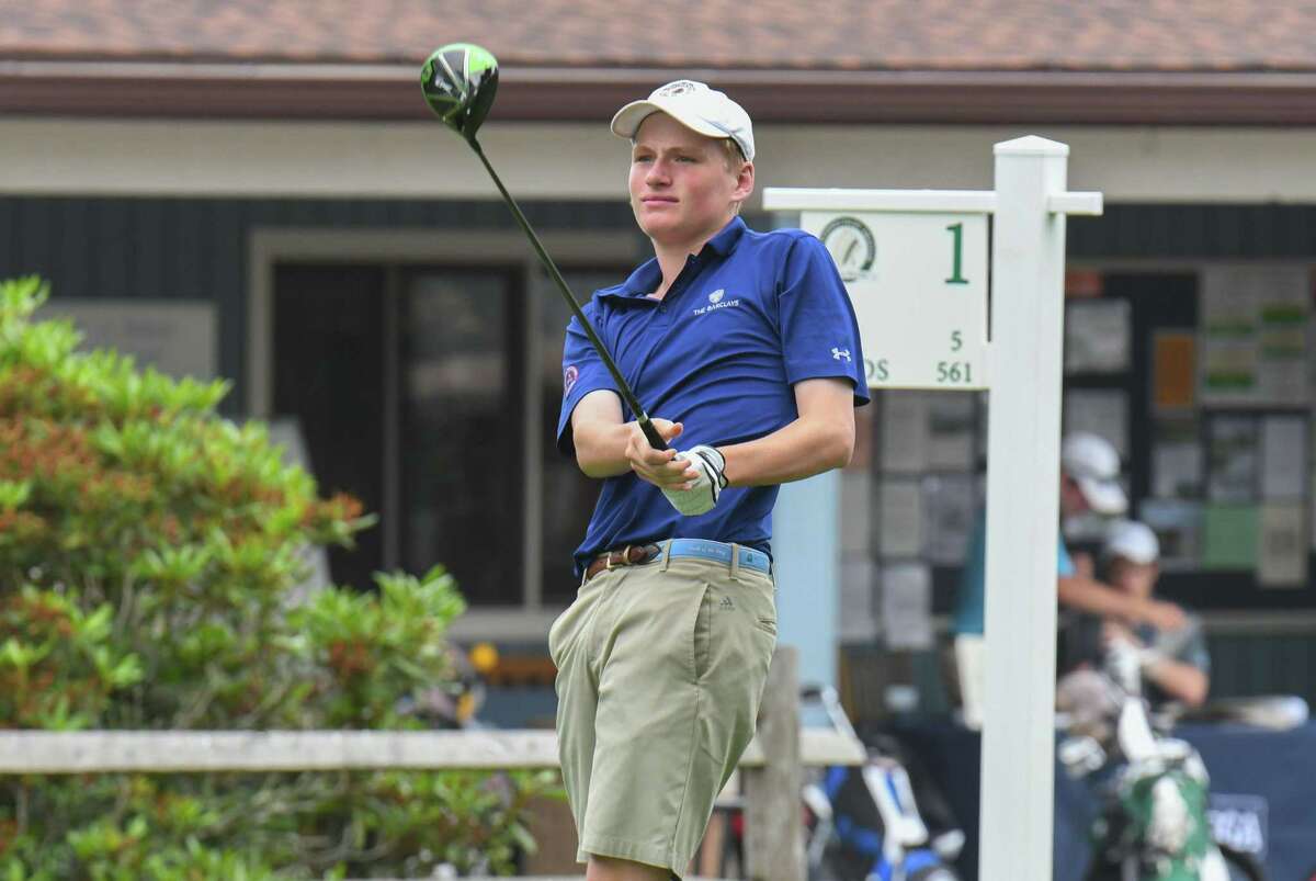 Thomas VanBelle of the Country Club of Darien watches his tee shot on the first hole during the opening round of the 115th Connecticut Amateur Golf Tournament at Tashua Knolls Golf Course on June 19, 2017 in Trumbull, Connecticut.