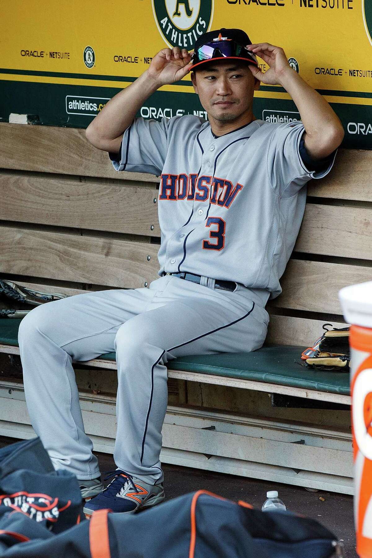 OAKLAND, CA - JUNE 19: Norichika Aoki #3 of the Houston Astros sits in the dugout before the game against the Oakland Athletics at the Oakland Coliseum on June 19, 2017 in Oakland, California.