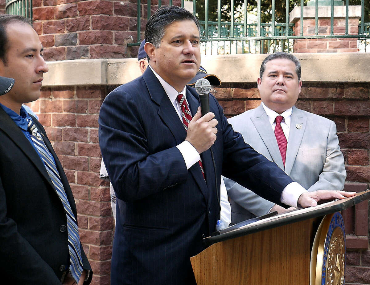 State Representative Richard Peña Paymond, at podium, called a press conference, Monday, June 19, 2017, at Jarvis Plaza, to support the El Cenizo/Lulac lawsuit against Senate Bill 4 on Immigration. Joining Rep. Raymond in the event were, Mayor Raul Reyes, members of the City of El Cenizo and Lulac National President Roger Rocha and various Veterans Coalitions.