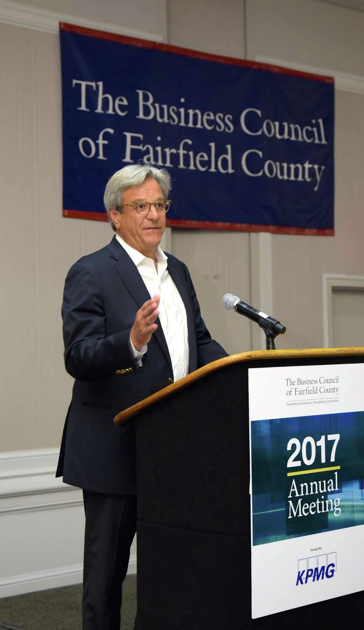 Forbes Media CEO and Executive Chairman Mike Perlis speaks at the Business Council of Fairfield County’s annual business meeting, on Tuesday, June 20, 2017, at the Crowne Plaza hotel, in Stamford, Conn.