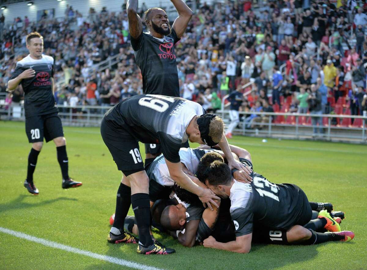 SA FC players celebrate after a goal during the first half of a USL soccer match between LA Galaxy II and San Antonio FC, Saturday, April 1, 2017, at Toyota Field in San Antonio, Texas. (Darren Abate/USL)