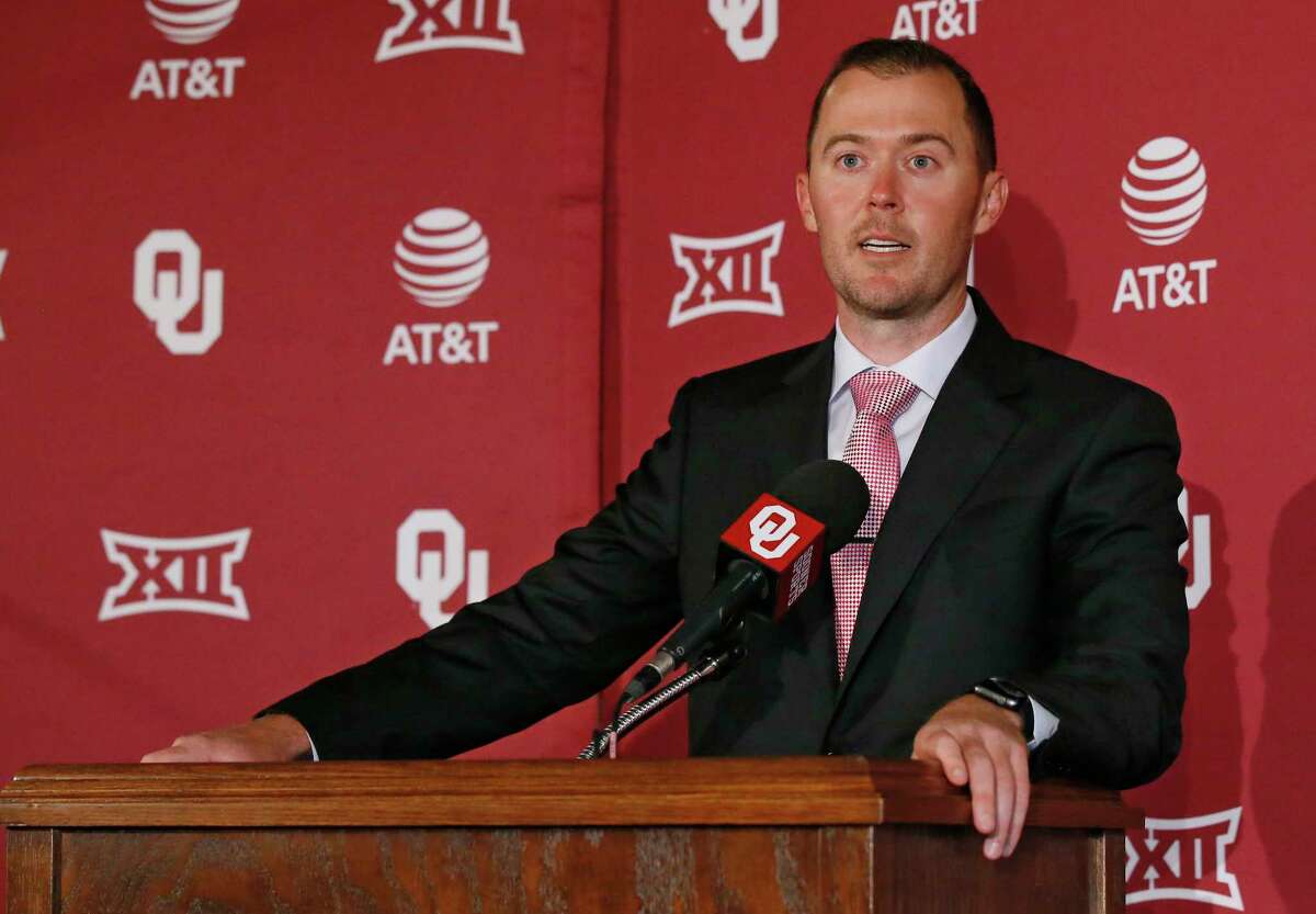 In this Wednesday, June 7, 2017 photo, Lincoln Riley speaks at a news conference where he was announced as Oklahoma's football coach in Norman, Okla. Oklahoma's Board of Regents formally approved Riley's hiring during a meeting Tuesday, June 20. (AP Photo/Sue Ogrocki)