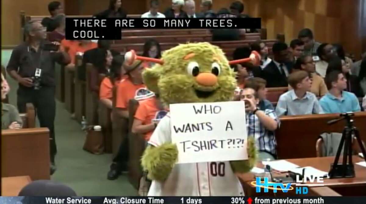 Houston Astros' Orbit recently appeared at city hall to toss t-shirts and urge Houstonians to vote for Astros players for the upcoming MLB All-Star game.