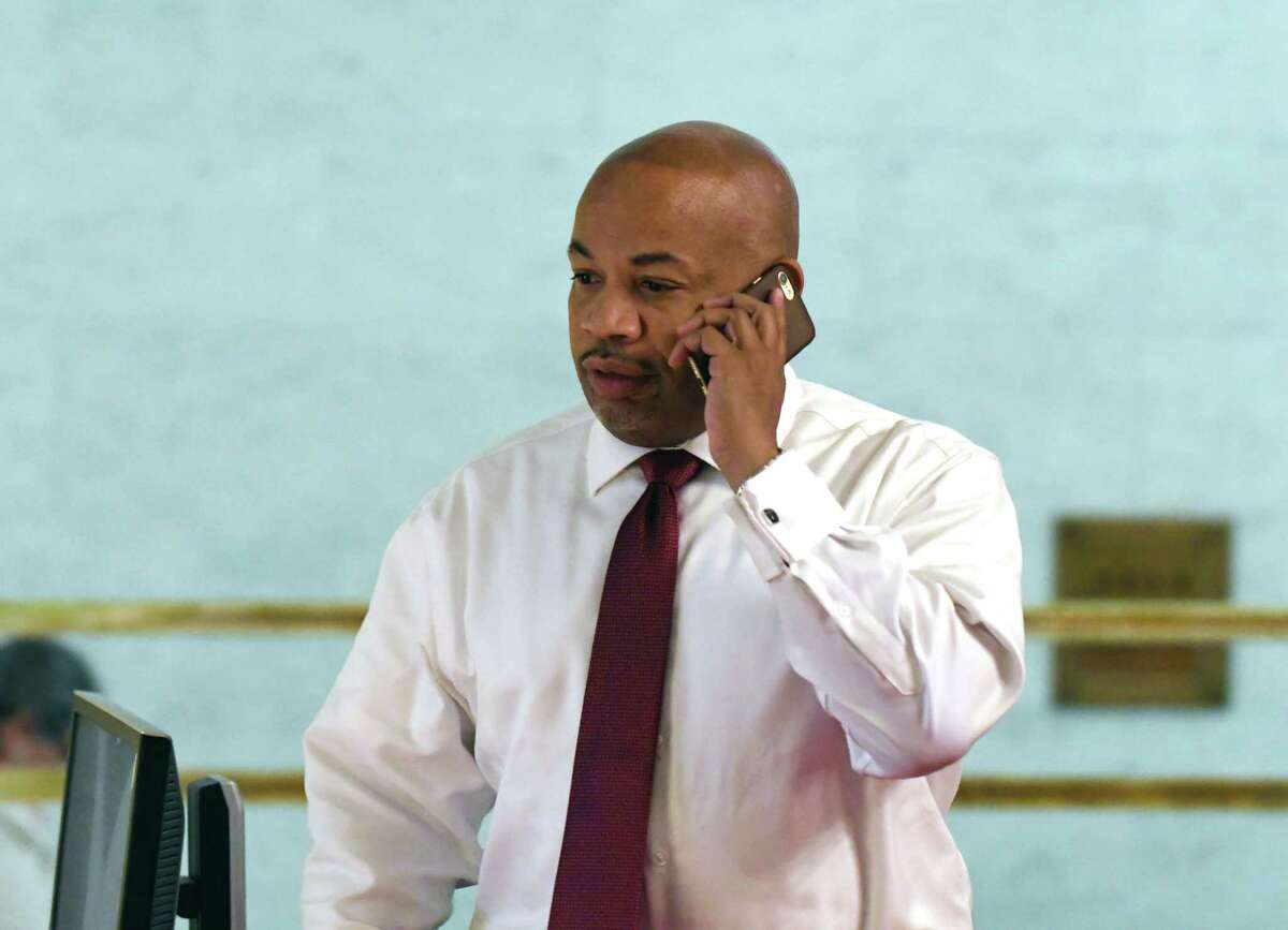 Speaker Carl Heastie talks on his cellphone while walking back to his Assembly office on Wednesday, June 21, 2017, at the Capitol in Albany, N.Y. (Will Waldron/Times Union)