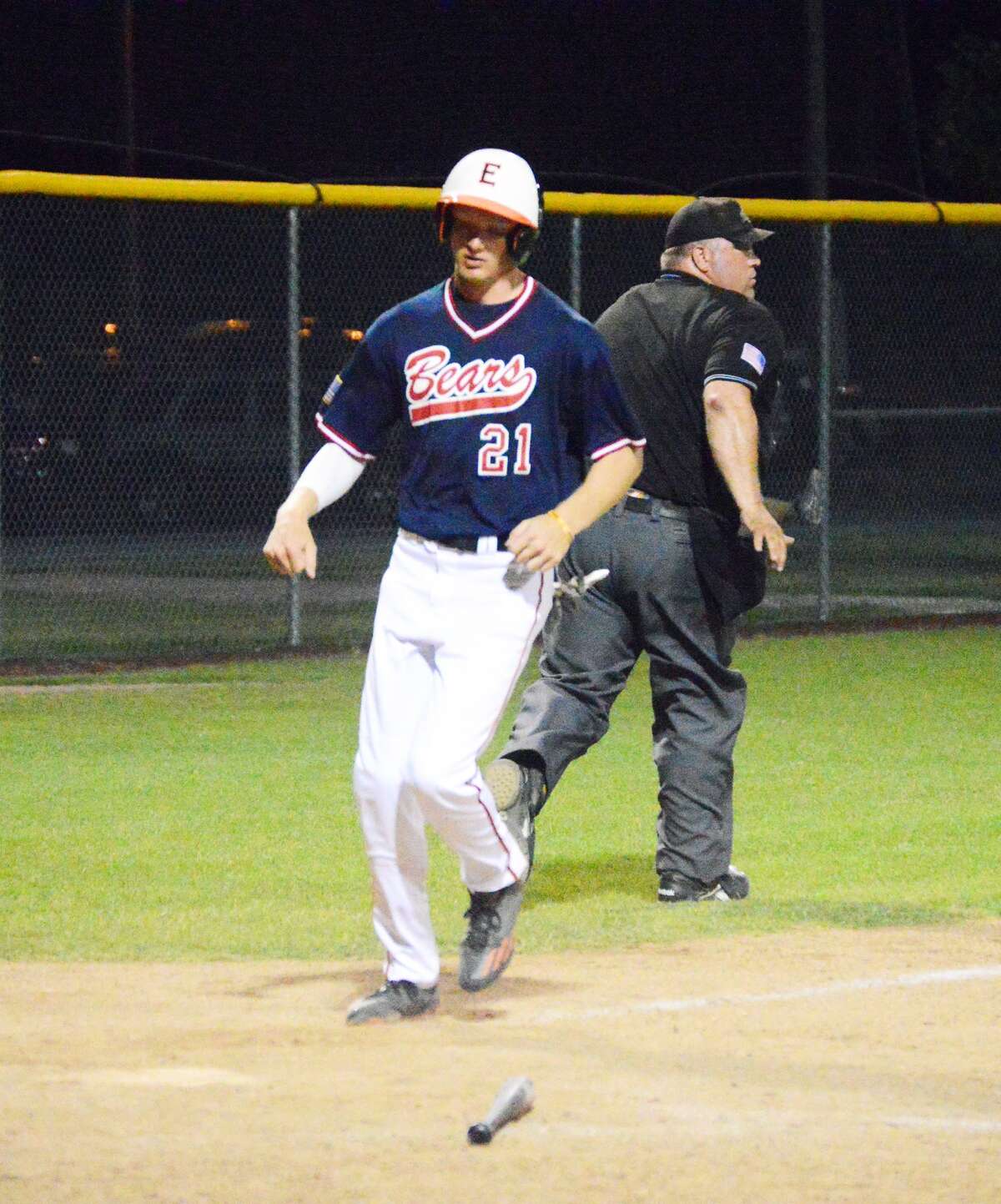 Andrew Yancik prepares to cross home plate for his team’s only run of the game in the second inning of Wednesday’s game in Belleville.