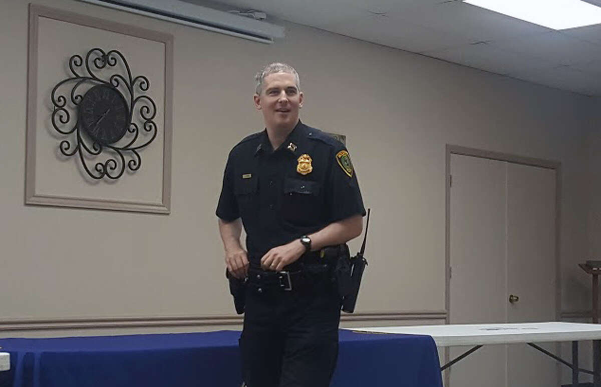 New HPD-Kingwood Division Cpt. Jacob Atkins discusses his career and answers questions during the Kingwood PIP meeting at the Kingwood Church of Christ on Tuesday, June 20.