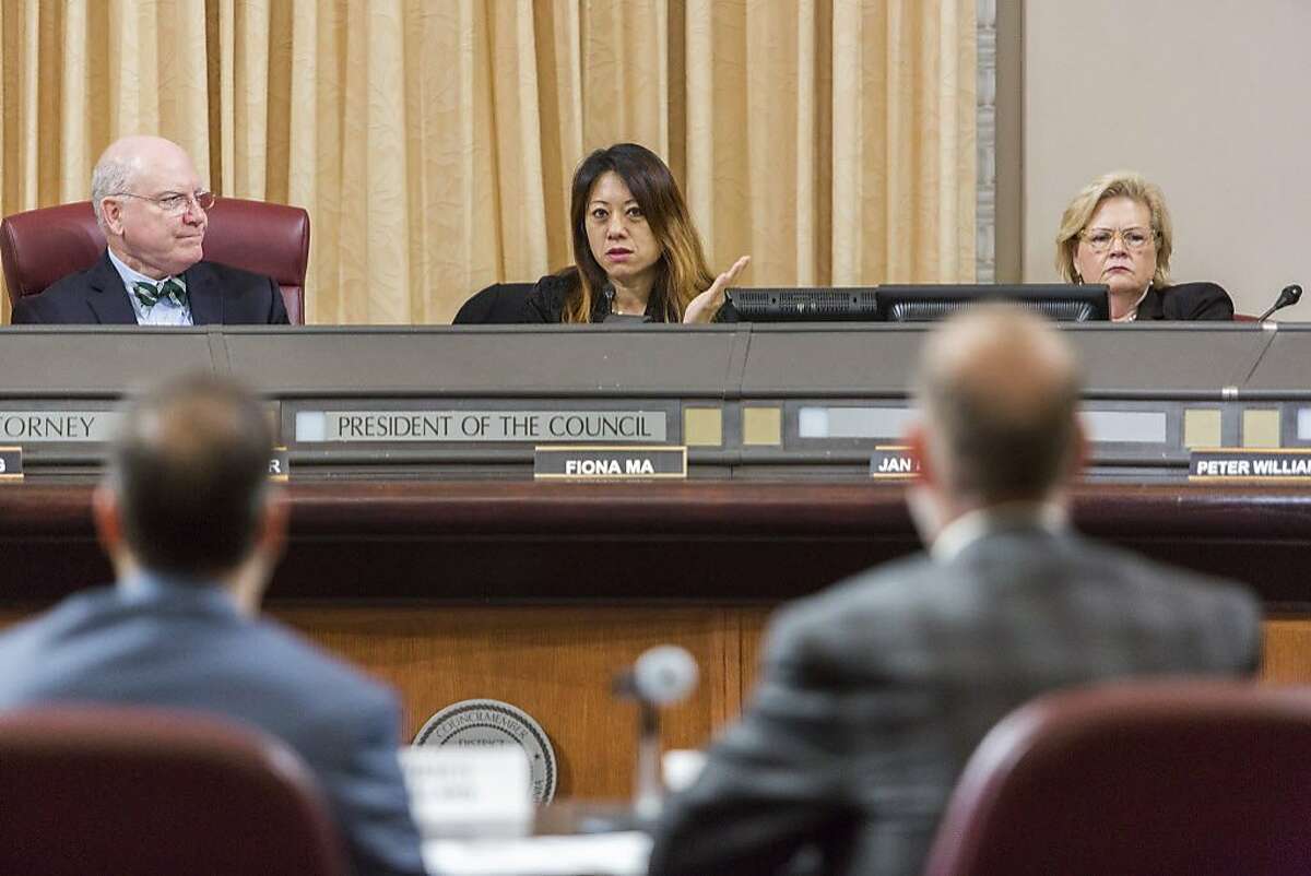 Fiona Ma, chair of the California Board of Equalization, speaks as the Cannabis Banking Working Group hears proposals for giving marijuana businesses access to deposit and payment accounts, currently hard for them to access because of federal anti-money-laundering laws that target drug-related revenues during a meeting, Monday, March 27, 2017 in Oakland, CA.