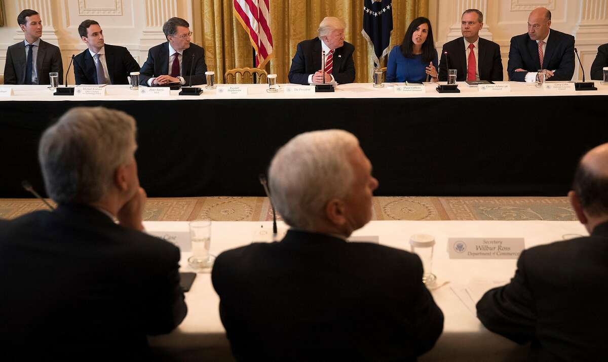 President Donald Trump takes part in a discussion during the American Leadership in Emerging Technology event at the White House in Washington, June 22, 2017. From left: Jared Kushner; Michael Kratsios of the Office of Science and Technology; Peter Barris of New Enterprise Associates; Trump; Dyan Gibbens of Trumbull Unmanned; Darius Adamczyk of Honeywell; and Gary Cohn of the National Economic Council. (Stephen Crowley/The New York Times)