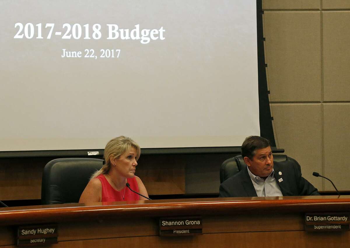 North East Independent School District President Shannon Grona, left, and Superintendent Brian Gottardy listen to speakers during a board meeting held June 22, 2017. The board approved the $555.9 million budget for the 2017-18 school year. But the fact is that the district is facing a shortfall in the future because of inadequate school funding.