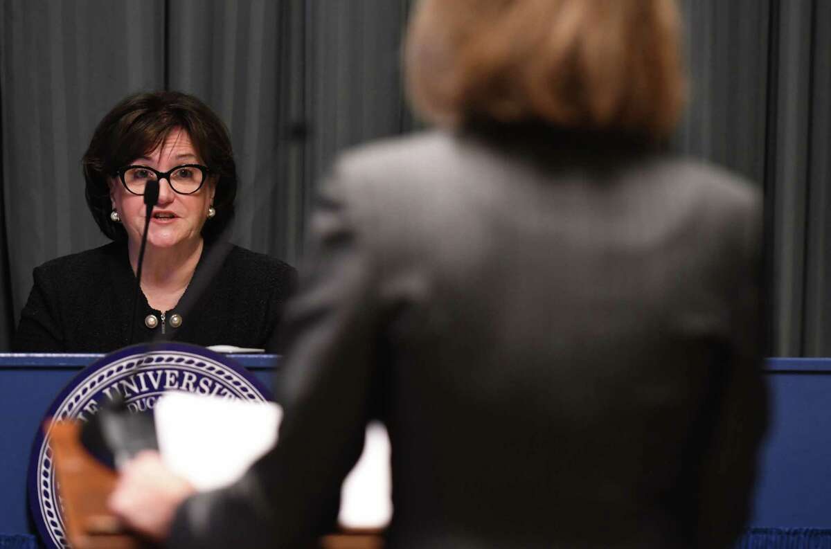 Jennifer Persico, an attorney for Carl Paladino, right, is questioned by State Education Commissioner MaryEllenÊElia, left, during a hearing to determine if Paladino can be removed from the Buffalo school board on Thursday, June 22, 2017, at the State Education Building in Albany, N.Y. (Will Waldron/Times Union)