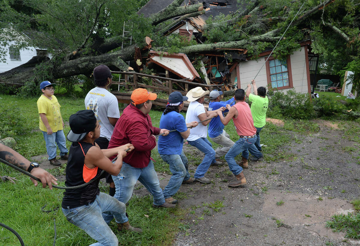 Friends and family help pull a large tree limb from atop a Beaumont home Thursday morning. The tree fell on the home late Wednesday night as Tropical Storm Cindy spun near the coast of the Gulf of Mexico. Family members were in the home during the collapse and no one was injured. Photo taken Thursday, June 22, 2017 Guiseppe Barranco/The Enterprise