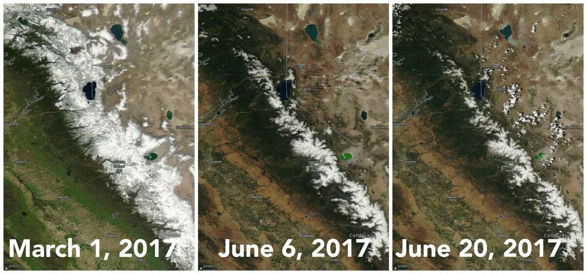 Left: Sierra snowpack on March 1, 2017 at 184 percent of normal for this date. Middle: Sierra snowpack on June 6, 2017 at 177 percent of normal for this date. Right: Sierra snowpack on June 20, 2017 at 143 percent of normal for this date.