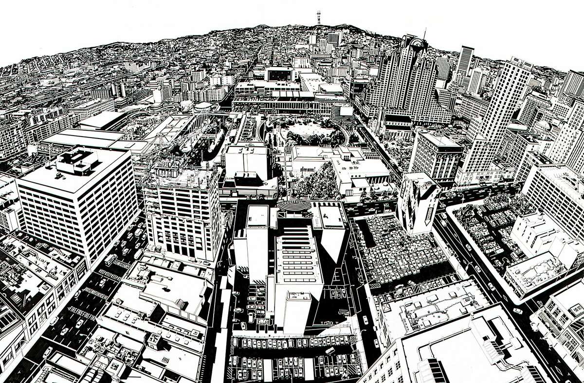 Rigo 98 (now Rigo 23), "Study for Looking at 1998 San Francisco from the Top of 1925" (1998 - detail); felt-tip pen, acrylic, tape, paper, and electrostatic prints, 46 � 66 in.; collection SFMOMA