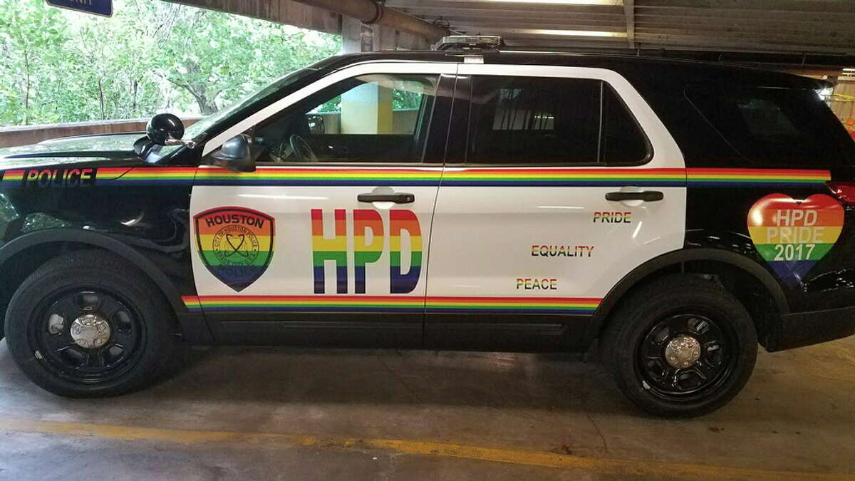 A Houston Police Department cruiser – decorated with special rainbow decals and lettering - was kept under wraps before its debut in Houston’s Gay Pride Parade on June 24, 2017. The photo was given to the Chronicle by a source who did not want to be identified.