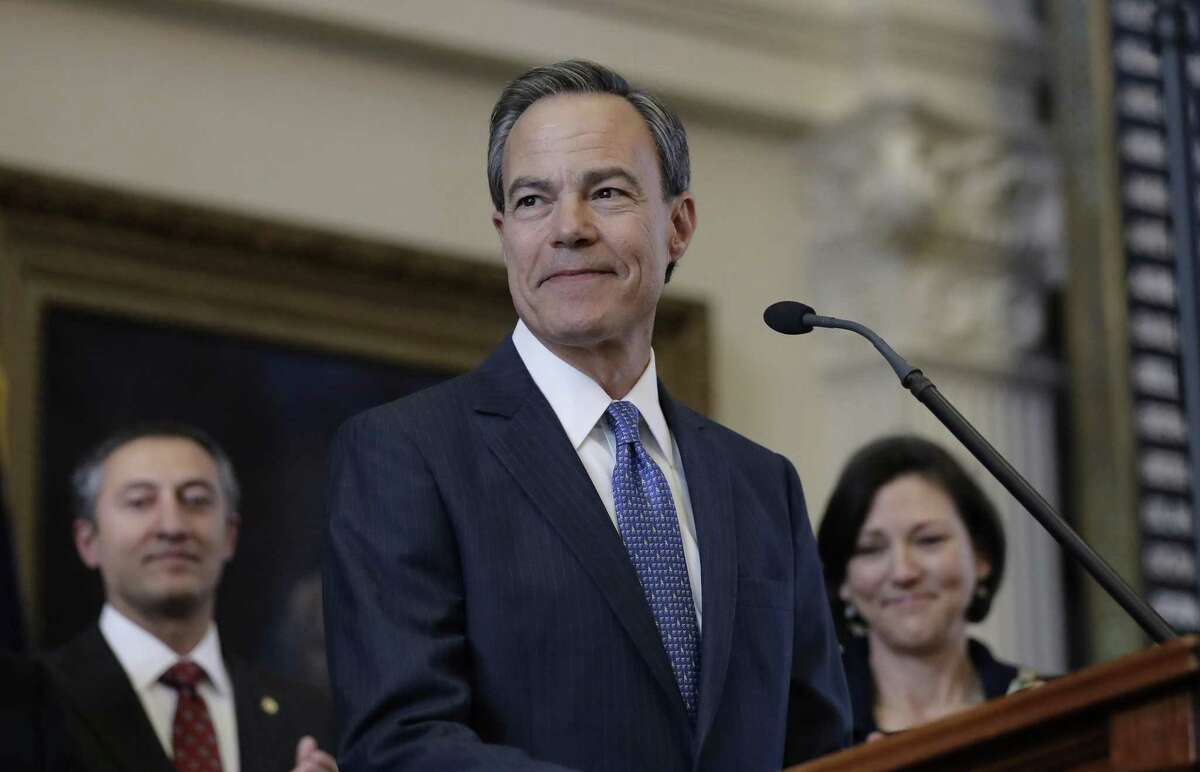 FILE - In this Jan. 10, 2017, file photo, Texas Speaker of the House Joe Straus, R-San Antonio, stands before the opening of the 85th Texas Legislative session in the house chambers at the Texas State Capitol in Austin, Texas. State-funded adoption agencies backing Texas legislation that would sanction the rejection of prospective parents on religious grounds already routinely deny non-Christian, gay, and unmarried applicants because they are wary of their beliefs or lifestyle. But now they also want legal cover in case of potential lawsuits. (AP Photo/Eric Gay, File)