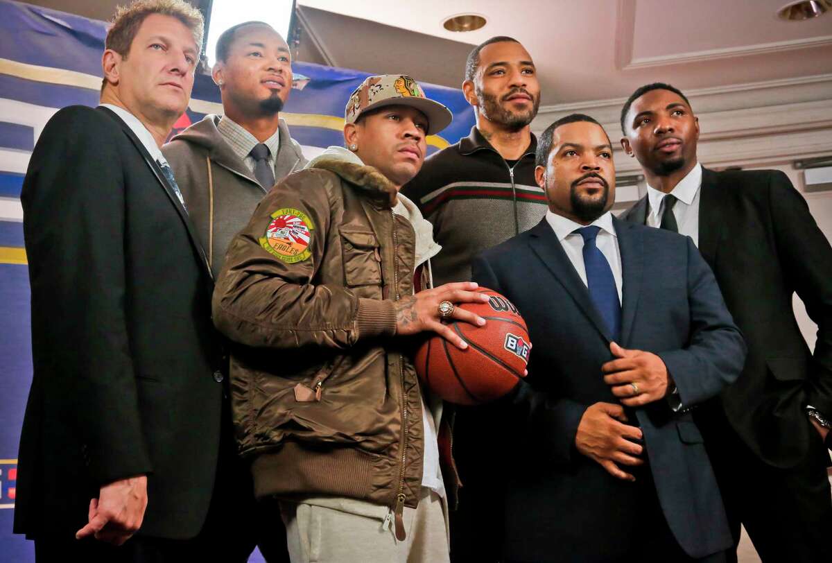 Jeff Kwatinetz, from left, Rashard Lewis, Allen Iverson, Kenyon Martin, Ice Cube and Roger Mason Jr. appear at the news conference announcing the launch of BIG3.
