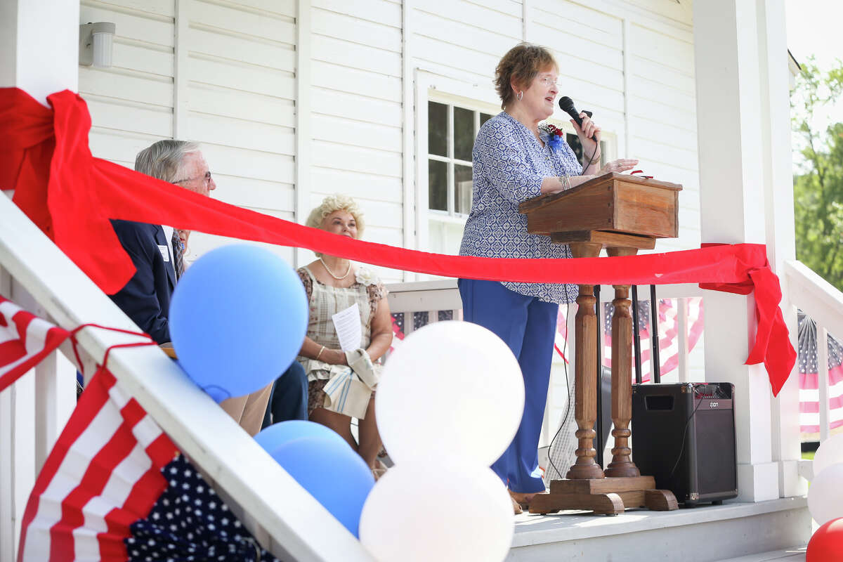Sarah Bess Gray Crow speaks during the grand opening of the Strake-Gray Oilfield House on Friday, June 9, 2017, at the Heritage Museum.