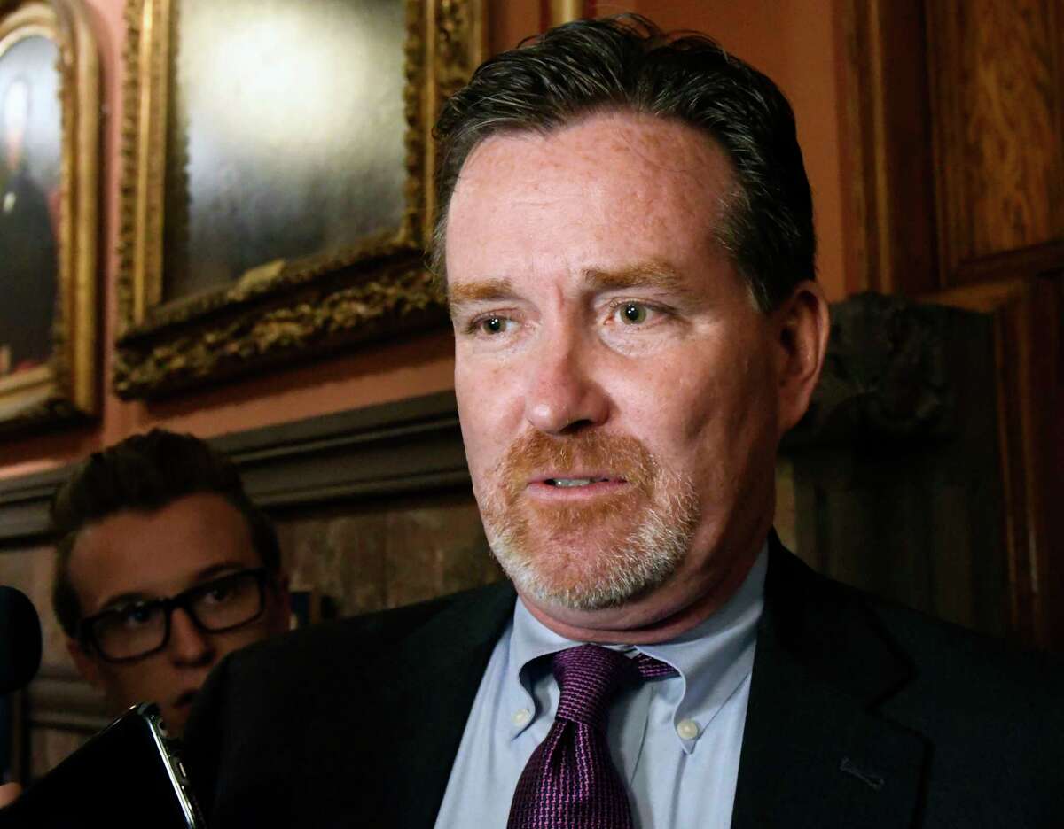 Senate Majority Leader John Flanagan, R-Smithtown, speak with reporters after meeting with New York Gov. Andrew Cuomo at the state Capitol on Tuesday, June 20, 2017, in Albany, N.Y. (AP Photo/Hans Pennink) ORG XMIT: NYHP117