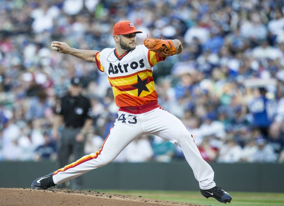 Lance McCullers Jr. #43 of the Houston Astros delivers during the