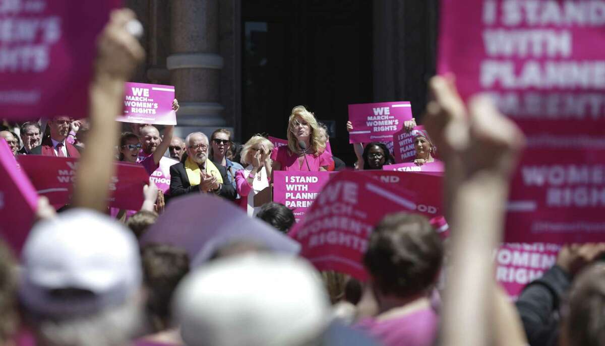 Former state Sen. Wendy Davis speaks at a rally on the Capitol steps during Planned Parenthood Lobby Day in Austin on April 5.