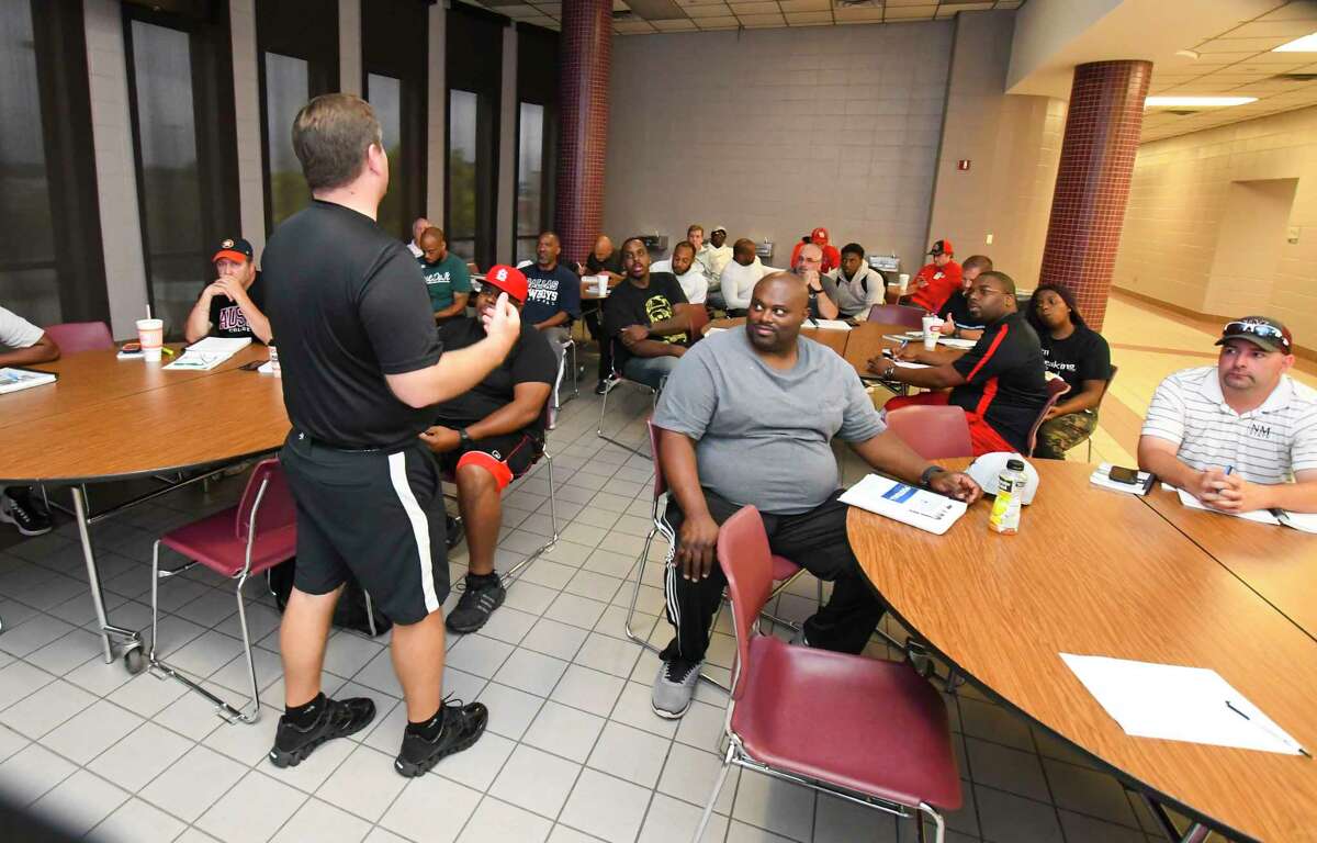 TASO official and crew chief Eric Dumatrait imparts some officiating knowledge to a class of 40 or so prospective referees at the Campbell Center. Though 40 is the largest of the three training sessions he's held this summer, Dumatrait says that the Houston chapter of the organization is still well below what it needs in order to fully staff the more than 12,000 competitive events that will take place next season.