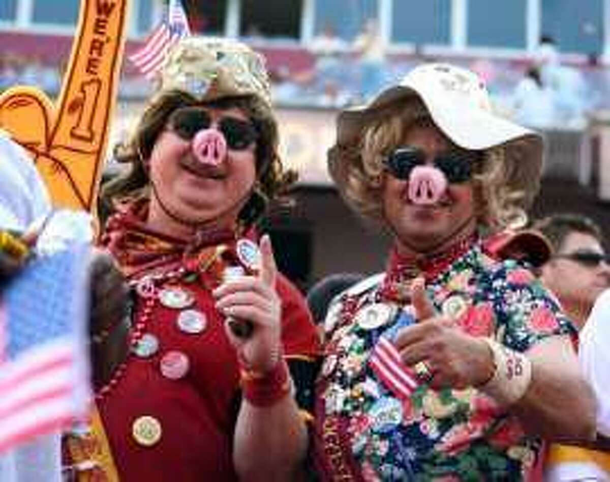 A Washington Redskins fans wearing a nose of a hog looks on from the  News Photo - Getty Images