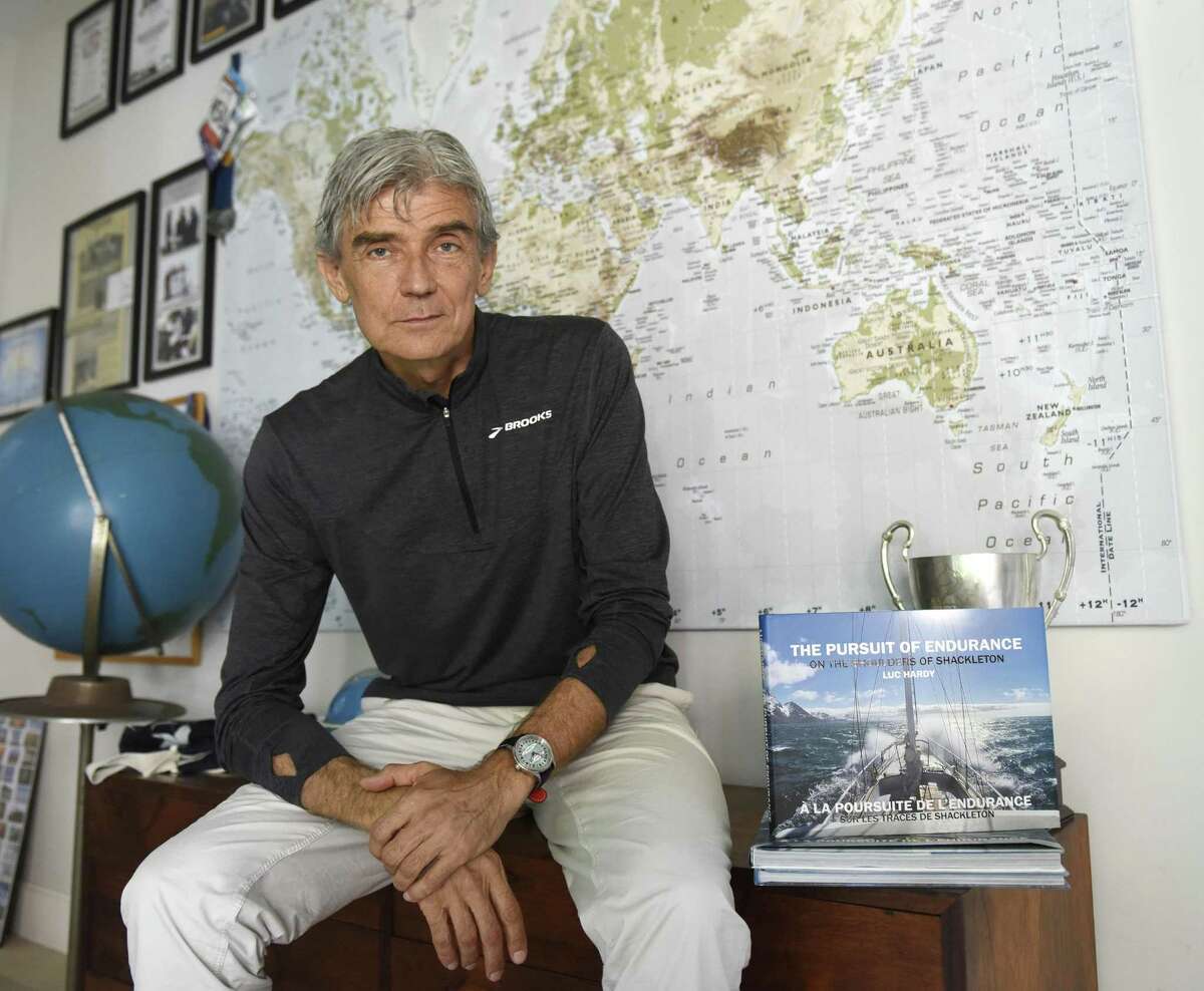 Scientist and explorer Luc Hardy poses in his home in the Cos Cob section of Greenwich, Conn. Monday, June 26, 2017. Hardy has been captained many climate change-themed scientific excursions and plans to go to Cuba and Russia later this year.