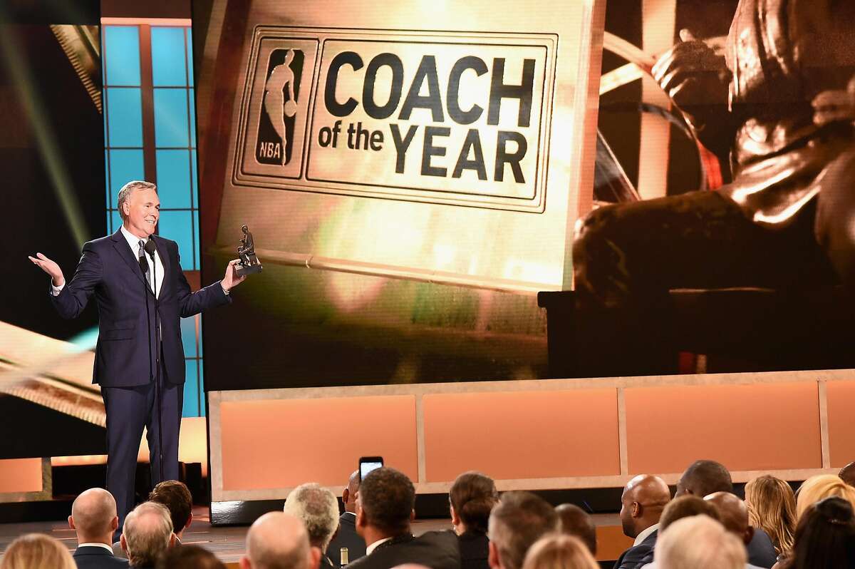 NEW YORK, NY - JUNE 26: 2016-17 NBA Coach of the Year, Mike D'Antoni of the Houston Rockets speaks on stage during the 2017 NBA Awards Live On TNT on June 26, 2017 in New York City. 27111_001 (Photo by Michael Loccisano/Getty Images for TNT )