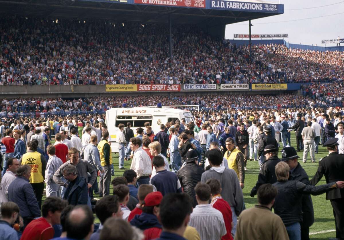Scenes from 1989 Hillsborough Stadium disaster in Sheffield, England